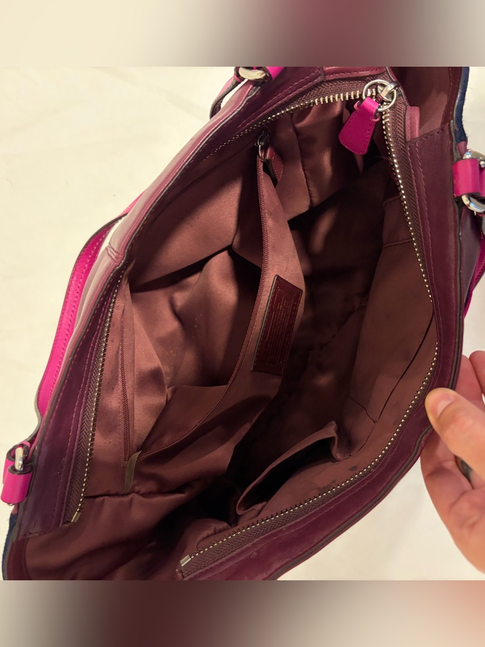Coach #F24693 Colorblock Leather Tote Bag in Fuchsia, Burgundy & Navy - Picture 8 of 16